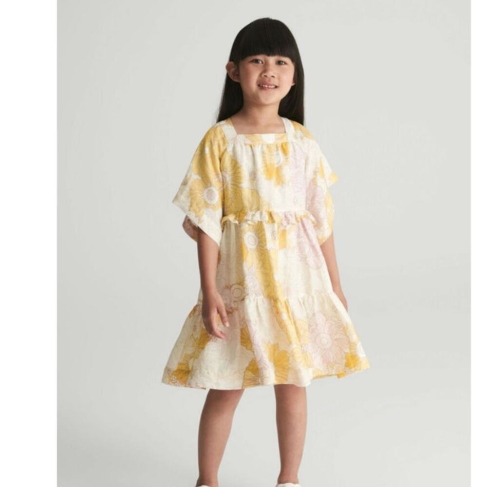 Reiss Printed Tiered Linen Mini Dress in Yellow Print Size: 8-9Y